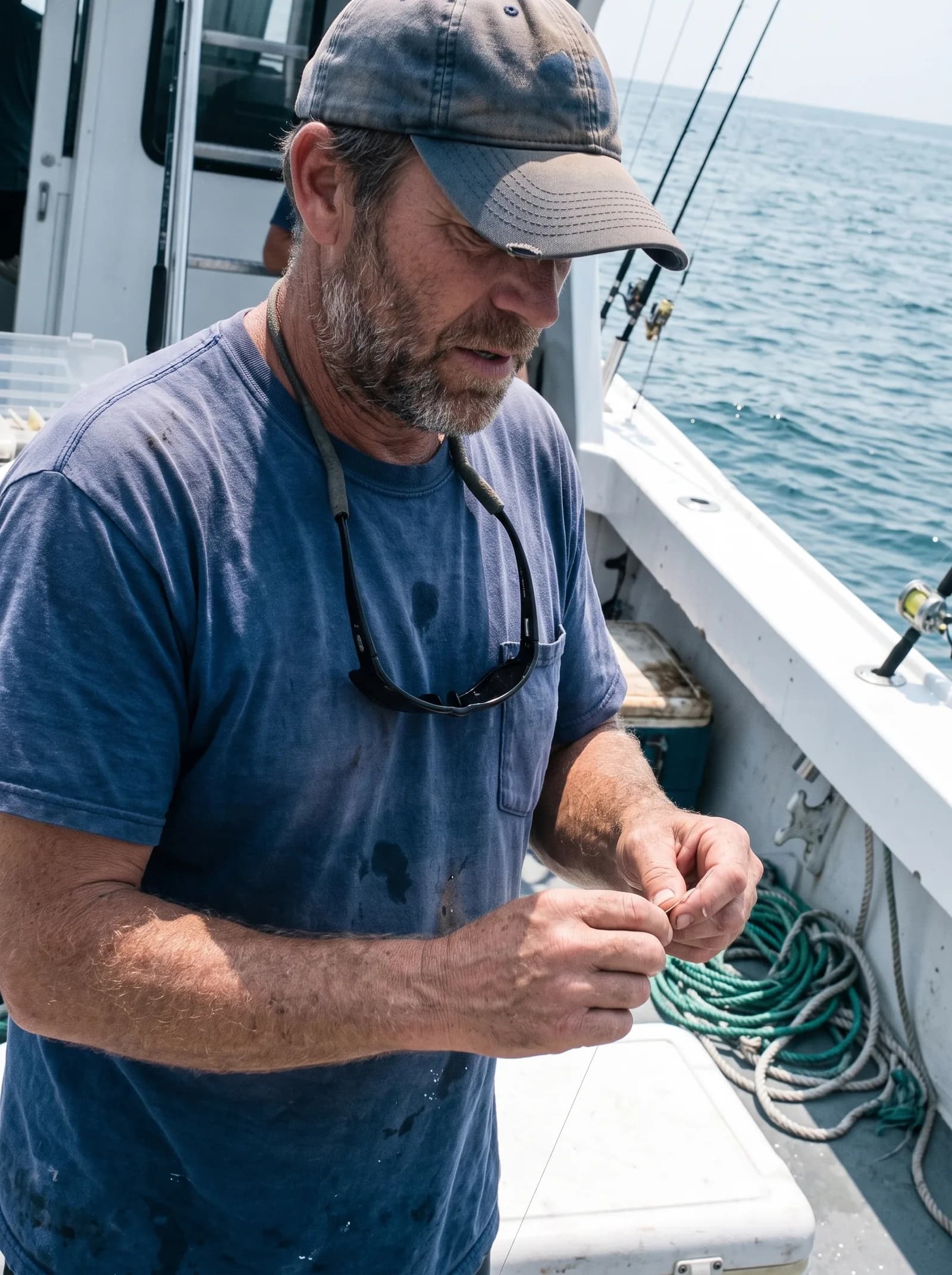 A charter captain rigging a leader on the deck of his boat