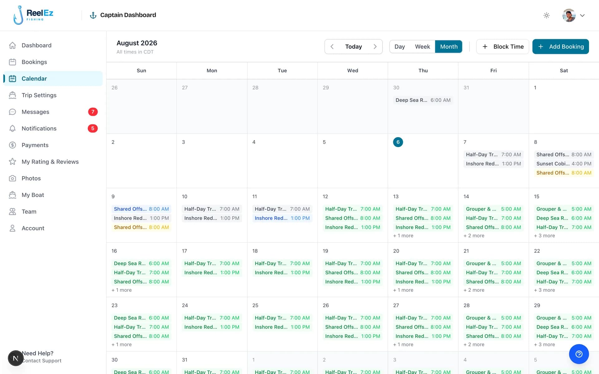 The captain dashboard month calendar filled with charter trips