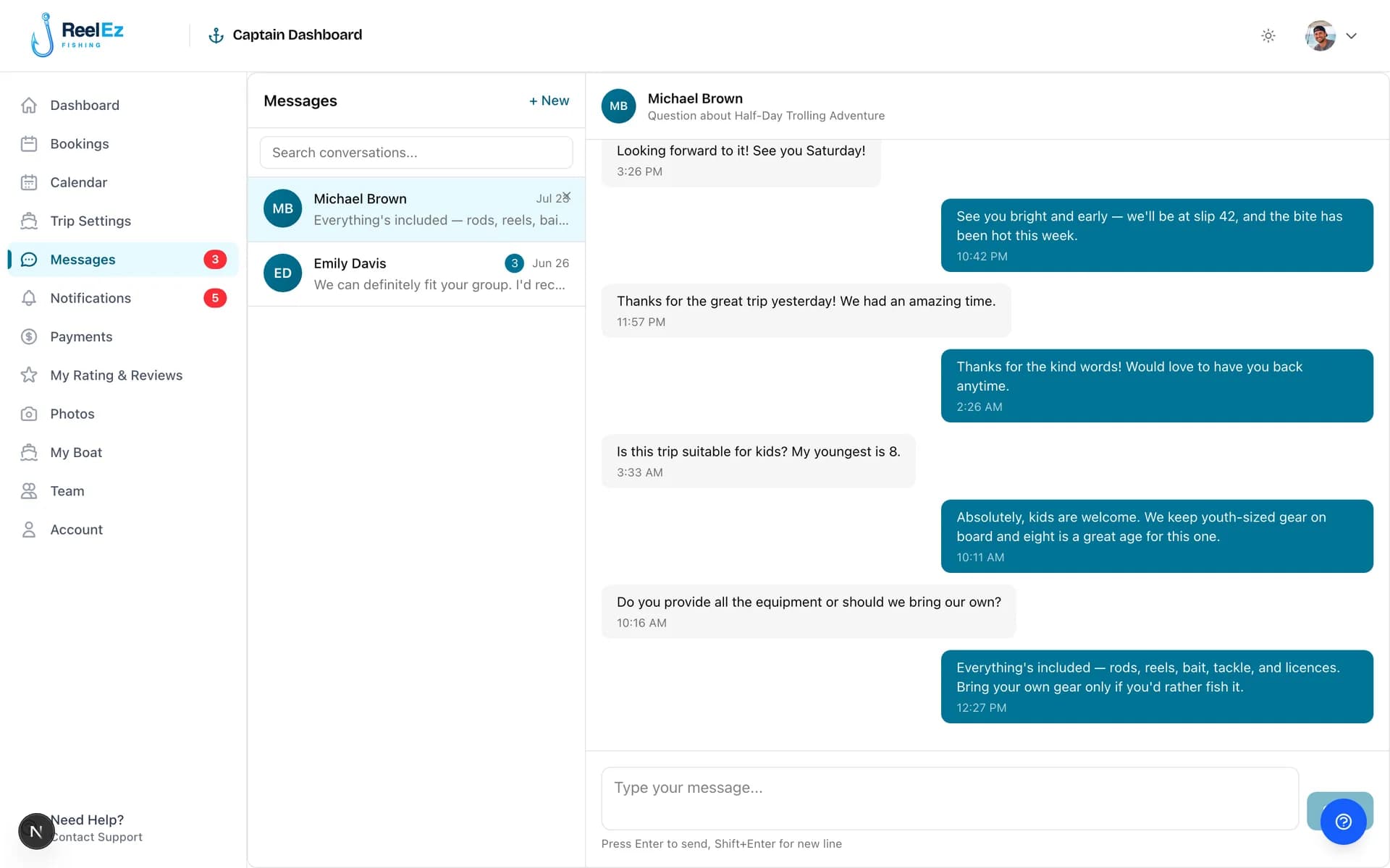 The captain message centre showing a conversation with a guest