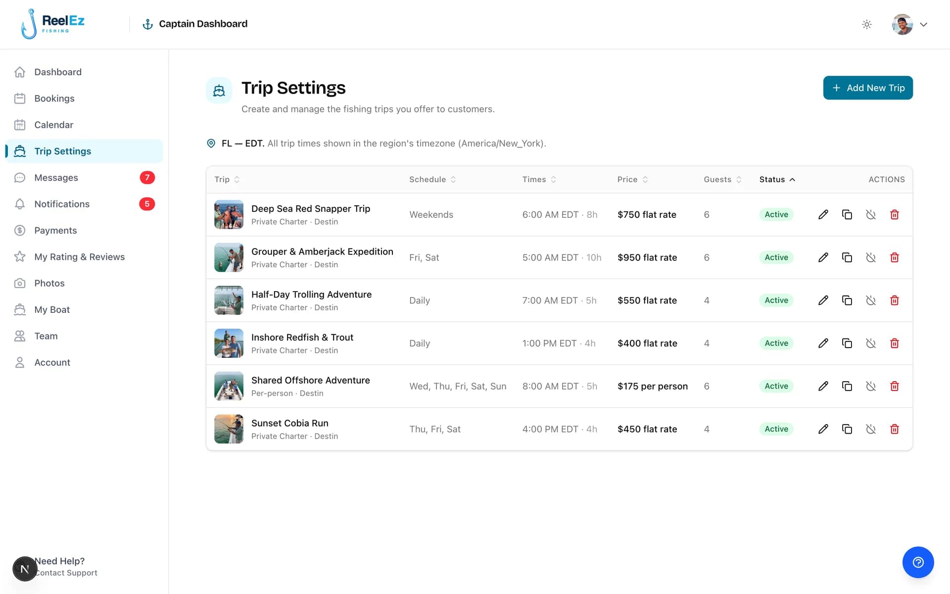 The captain trip settings list showing each trip with its schedule, times, price, and capacity